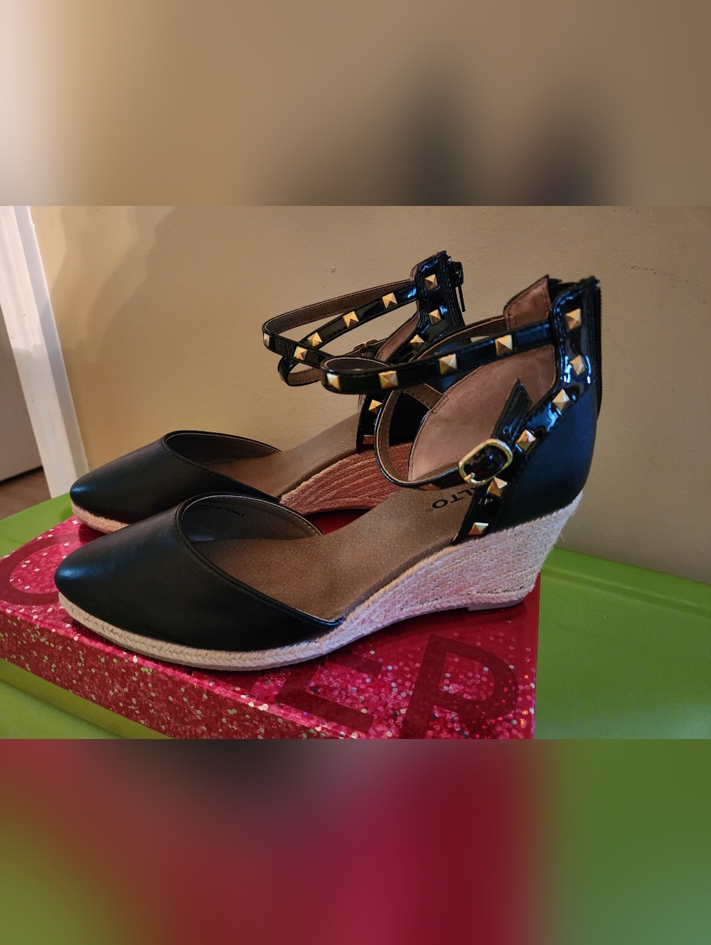 Rialto Black Wedge Sandals with Gold Studs